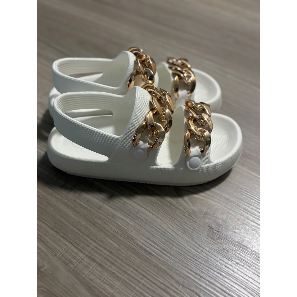 Chunky Gold Chain White Sandals‎ Slides Slip On Summer Shoes